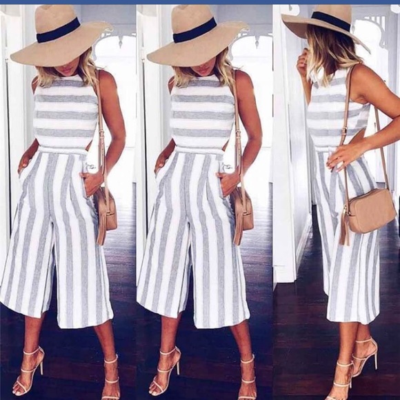 Pants - Striped women's wide leg jumpsuit with open back